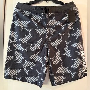Hurley Black Swim Shorts with Gray Checker Shark Print